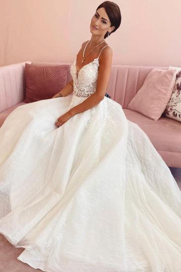Gorgeous Spaghetti Strap Floral Lace Tulle Wedding Dress Aline Simple Bridal Dress_3