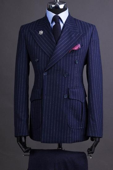 Washington Dark Blue Peaked Lapel Double Breasted Striped Business Suits_1