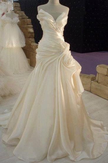 Ruffles Cream Satin Wedding Dress with Beadings Elegant Long Bridal Dress_1