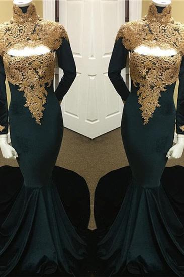Cheap Gold Lace Black Prom Dresses | Long Sleeve Mermaid Evening Dress with Keyhole_2