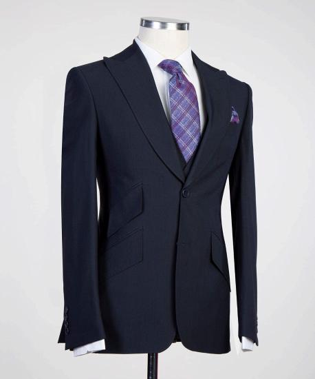 Fashion Dark Navy Three Pieces Peaked Lapel Men Suits_3