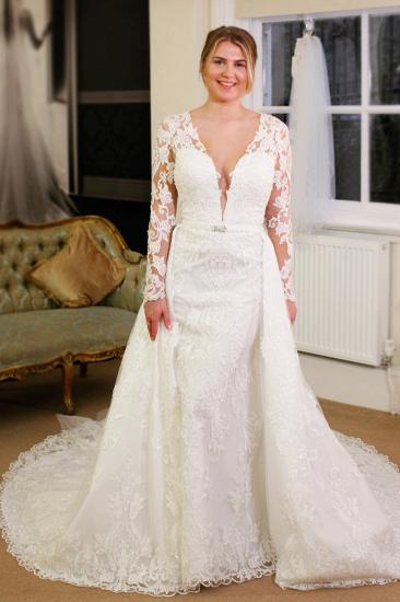 Luxury Long Sleeves V-neck Lace Royal Wedding Dress with Overskirt_3