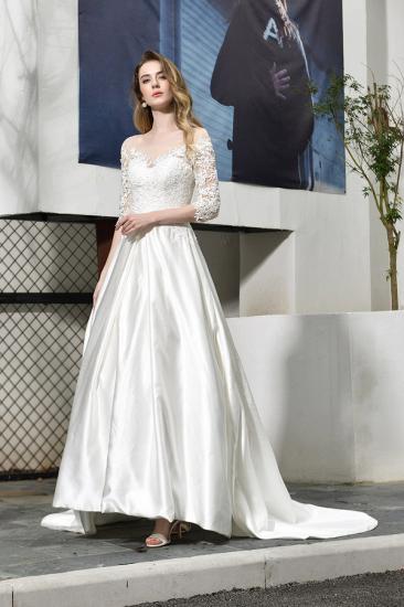 Modern Illusion neck A-Line Satin Lace Fall Long Wedding Dress with 3/4 Sleeves_7