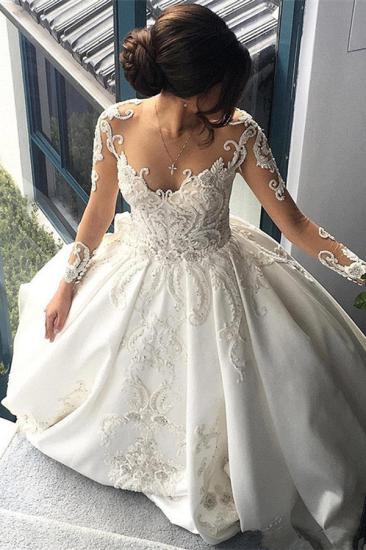 Luxury White Long sleeve A-line Sparkle Beaded Chapel Train Wedding Dress Online with Lace Appliques_1
