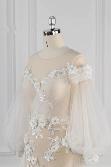 Bradyonlinewholesale Chic Jewel Pink Tulle Flowers Wedding Dress Beadings Appliques Long Sleeves Bridal Gowns On Sale_4