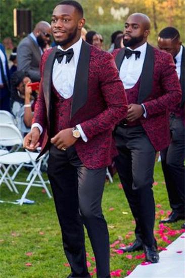 New Fashion Red Jacquard Three Piece Shawl Lapel Wedding Groomsmen Suit Online_1