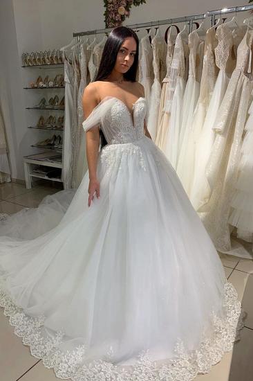 Elegant Off-the-shoulder White Sweetheart Puffy A-line Wedding Dresses_3