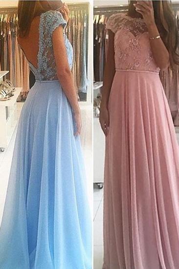 Chiffon Lace Appliques Prom Dresses Floor Length Chic A-line Short Sleeves Evening Dress_3