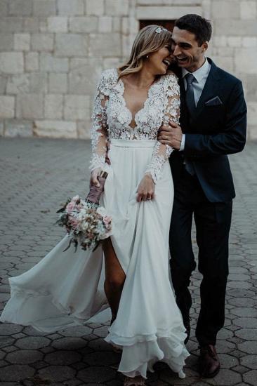 Charming Long Sleeve Lace Applique Front Split Bridal Gowns|Long V-Neck Wedding Dress_1