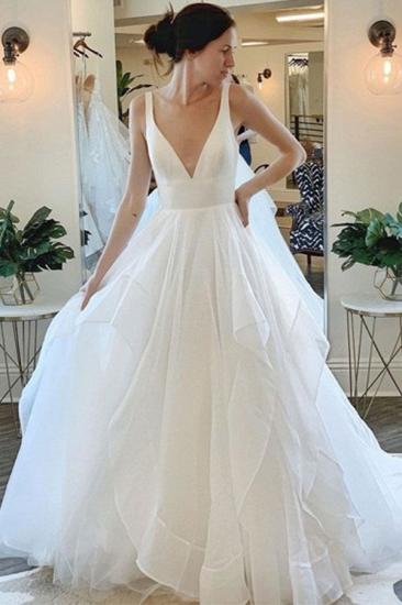 Sexy Deep V-neck Sleeveless White Tulle Wedding Dresses with Ruffles_1