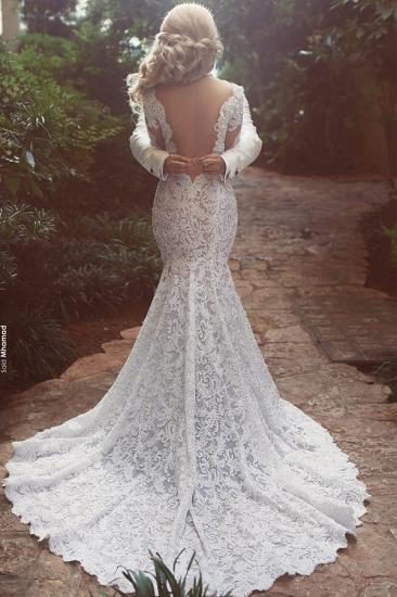 Long Sleeve Mermaid Lace Wedding Dress Sexy Open Back V-neck Classic Bridal Gown_2