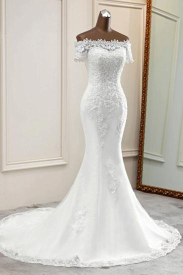 Bradyonlinewholesale Gorgeous Off-the-Shoulder Lace Mermaid Wedding Dresses Short Sleeves Rhinestons Bridal Gowns_3