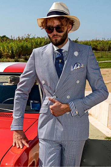 Silver Double Breasted Point Lapel Plaid Formal Mens Suits Online_2