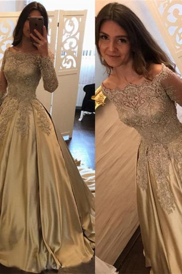 Long Sleeve Gold Lace Appliques Prom Dress Elegant Puffy Formal Evening Dress_3