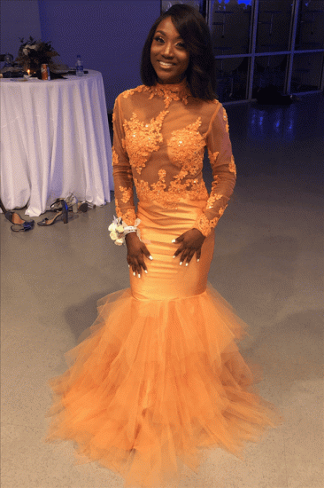 Long Sleeve Lace Appliques Orange Prom Dress Cheap | Mermaid Tullw Sheer Tulle Prom Dress Online_1