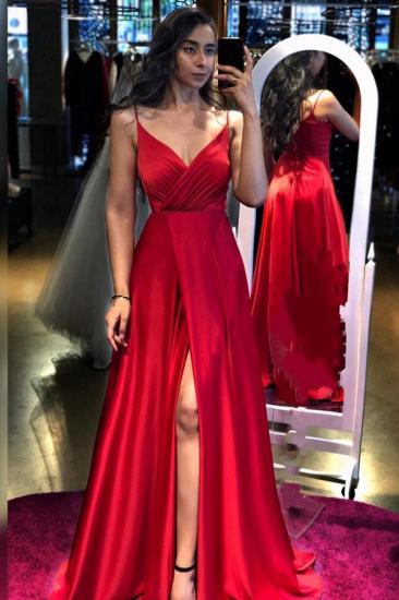 Red Spaghetti Straps Aline Evening Dress with side Split_1