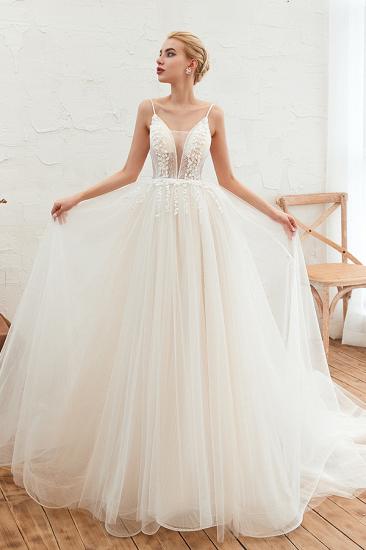 Chic Spaghetti Straps V-Neck Ivory Tulle Wedding Dress with Appliques_4