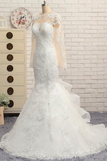 Bradyonlinewholesale Elegant Jewel Mermaid Lace Wedding Dress Long Sleeves White Appliques Bridal Gowns On Sale_3