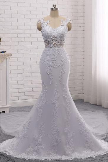Bradyonlinewholesale Stylish Jewel Mermaid Lace Appliques Wedding Dress White Sleeveless Beadings Bridal Gowns with Overskirt On Sale_3