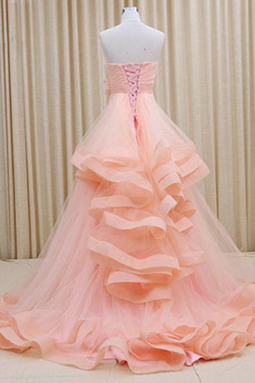 Strapless Lace-Up Organza Evening Dresses Tiered Flower Elegant Prom Gowns_5