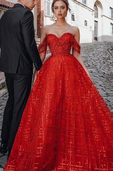 Unique Red Off-the-shoulder Sparkle Puffy Evening Dress_2