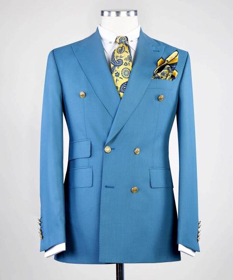Blue Double Breasted Peaked Lapel Business Men Suits_3