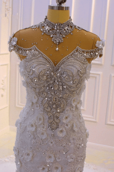 Delicate Sleeveless Beading Sheer Tulle Appliques Mermaid Sparkling Wedding Dresses_2