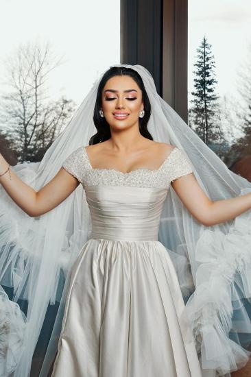Simple Wedding Dress Satin Wedding Dresses A Line with Pearls_2