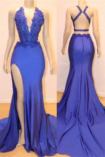 2022 V-neck Sexy Open back Side Slit Prom Dresses Cheap | Royal Blue Mermaid Beads Lace Evening Gowns_1