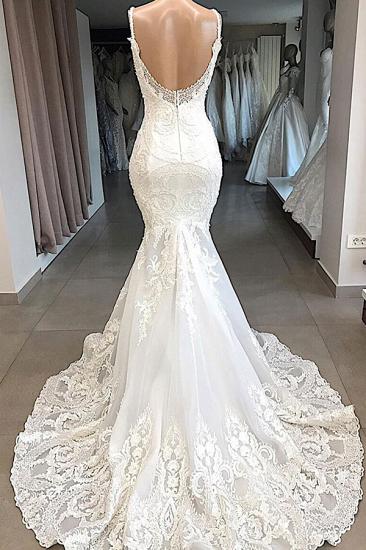 Elegant Spaghetti Strap V-neck White Sleeveless Mermaid Open Back Wedding Dress with Chapel Train_2