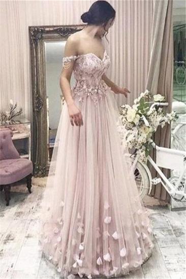 Pink Off the Shoulder Long Evening Dresses Online | Cheap Tulle Flowers Prom Dresses with Beading