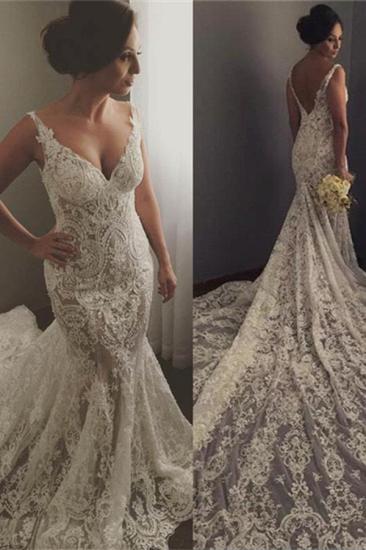 V-neck Sleeveless Mermaid Wedding Dresses Sexy Lace Appliques Bridal Gown_3