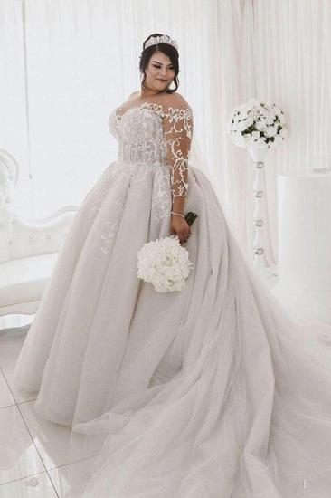 Sheer Tulle Appliques Ball Gown Wedding Dresses | Plus Size Long Sleeve Bridal Gowns_4