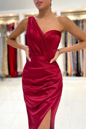 Burgundy Stretch Satin Cropped Slim Fit Prom Dress One Shoulder Party Dress with Front Split_4