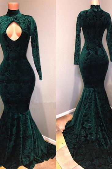 Dark Green Lace High Neck Prom Dresses | Sexy Keyhole Long Sleeves Mermaid Evening Gowns_2