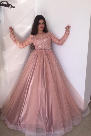 Long sleeves Floral Blow Dusty Pink Ball Gown Tulle Prom Dresses_2