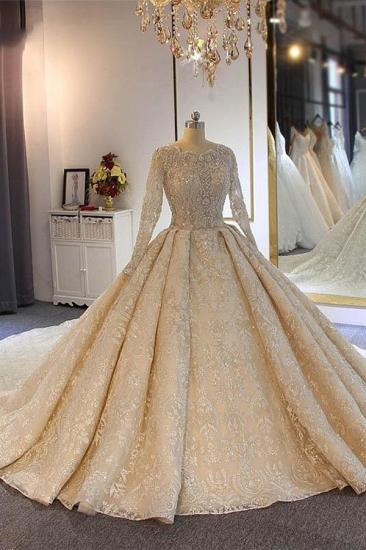 Luxury Appliques Crystal Long Sleeve Wedding Dresses | Beads Court Train Ball Gown Bridal Gowns_1