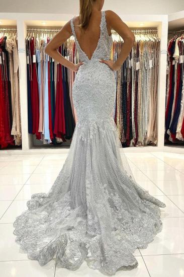 Glamorous Grey Sleeveless Mermaid Ball Gown V Neck Tulle Lace Evening Dress_2