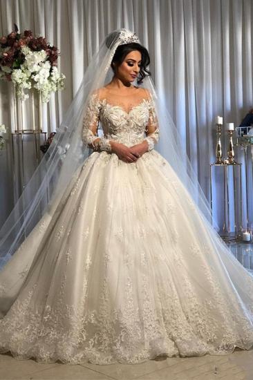 Appliques Beads Ball Gown Wedding Dresses | Sheer Tulle Long Sleeve Bridal Gowns