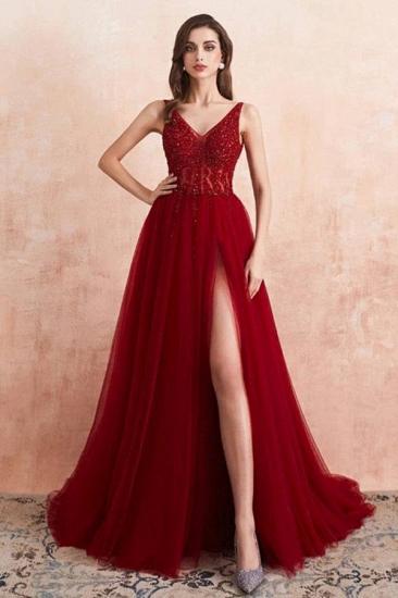 Luxury Burgundy V-Neck Beading Tulle Appliques Prom Dress A-line Side Split Evening Dress_1
