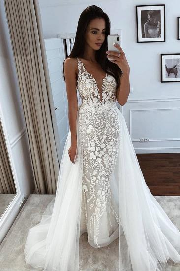 White Lace V-neck Sleeveless Fall Wedding Dress with Tulle Overskirt