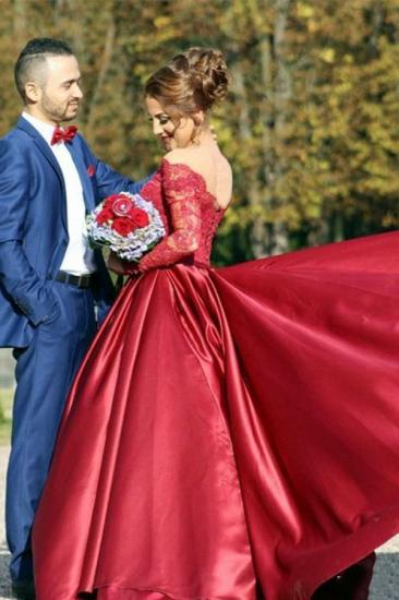 Off The Shoulder Long Sleeve Evening Dresses Dark Red V-neck Pretty Wedding Dresses_2