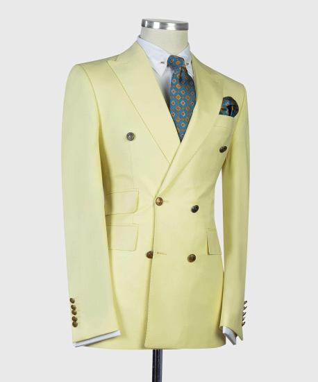 Newest Light Yellow Double Breasted Peaked Lapel Men Suits_2