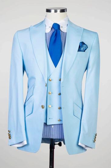 Sky blue pointed collar slim mens three-piece suit_1