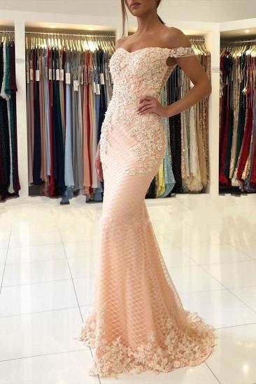 Off-the-shoulder Pink Lace Appliques Mermaid Evening Dress_3