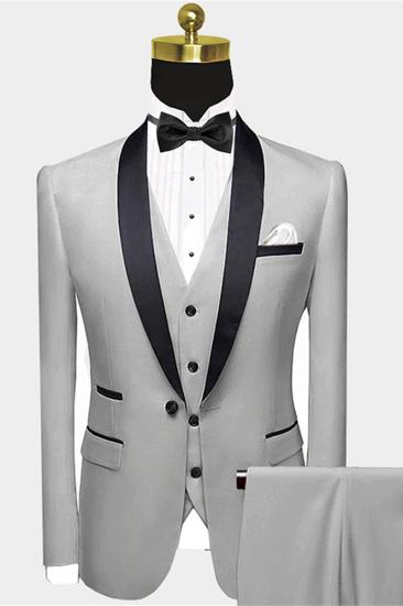 Advanced Silver Grey Prom Suit | Black Satin Shawl Lapel Wedding Tuxedos for Groom Groomsmen - Wayne