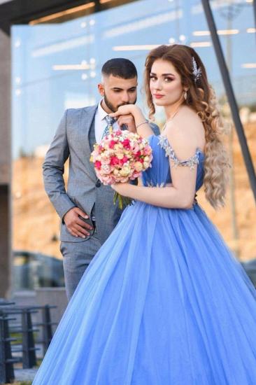 Romantic Off the Shoulder Sky Blue Wedding Gown Tulle Lace Prom Party Dress_3