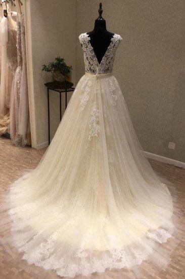 Bradyonlinewholesale Chic Ivory Tulle Lace V-Neck Long Wedding Dress Cap Sleeve Ivory Bridal Gowns On Sale_2