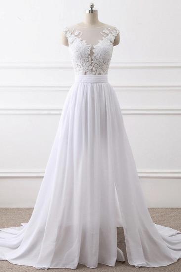 Bradyonlinewholesale Elegant Jewel Chiffon Lace White Wedding Dress A-Line Sleeveless Appliques Bridal Gowns with Slit On Sale_1