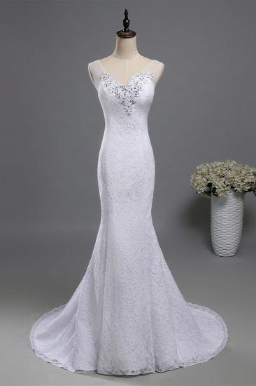 Bradyonlinewholesale Stylish V-Neck White Lace Mermaid Wedding Dress Appliques Sleeveless Sequins Bridal Gowns_1